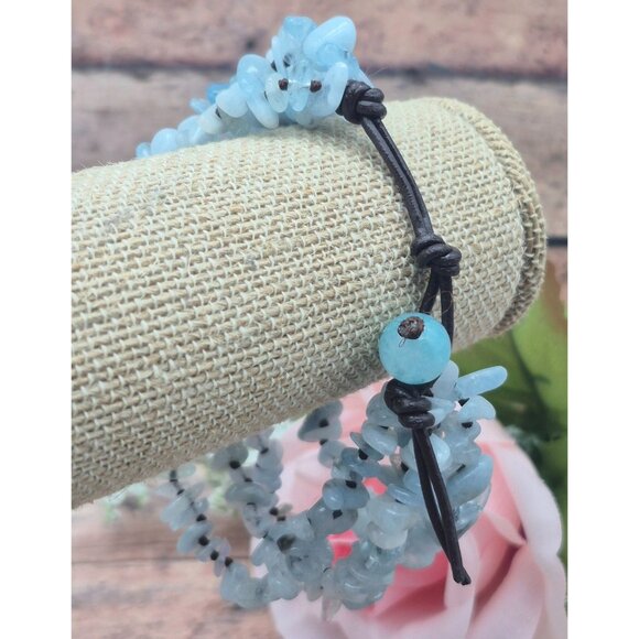 Muti Strand Natural Blue Aquamarine Chip Stone Bracelet Boho Hippie Nature Lover - Picture 6 of 9